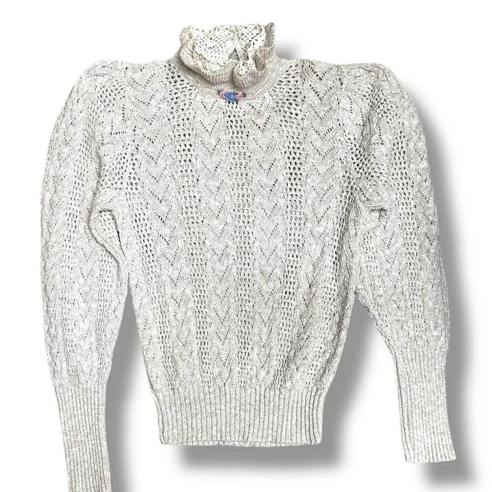 Vintage Sweater Pointelle Cottagecore Ruffled Crochet Mock Neck Floral Cotton XS